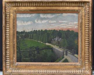 John Kane, (1860-1934) " An Estate In Pittsburgh" Oil On Artist Board On Masonite.  The Reverse With Carnegie Museum of Art Exhibition Label, " Three Pennsylvania Self Taught Artists: Edward Hicks, John Kane, Horace Pippin.  October 21-Dec. 4, 66"