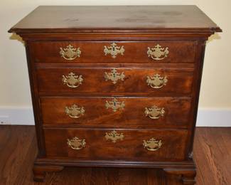 Diminutive 18th Century Pennsylvania Chippendale Walnut Chest, Original Brass Hardware.  Height 33 1/4" Case Width 32" Case Depth 21"
