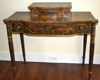 New England Sheraton Painted Pine Dressing Table, Circa 1820.  The table retains its original floral & yellow pinstripping on sponge decorated ground.  