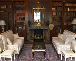 18th Century Italian Gilt Carved Mirror, Pair of Wedgewood Black Basalt Ewers, Regency Polescreen, Chinese Celadon Lamp, Pair 19th Century Figural Bronze Chenets, 18th Century English Adams Coal Grate, Pair of Louis XV Walnut Sofas, Pair Of Antique Louis XVI Side Chairs, 10' 8" x 17' 8" Laver Kirman Carpet, Louis XV Style Black Lacquered Coffee Table 