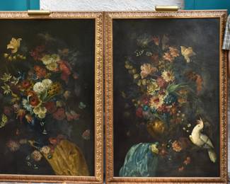 Fine Large Pair of Continental Floral Still Life Paintings With Butterflies & Cockatoo.  Sight Size 53" x 35 1/2" Frame 59" x 41 1/2"