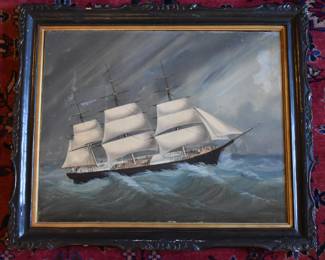 Hinqua, China Trade American Clipper Ship Portrait, Sight 24" x 20" Frame 29 1/2" x 25 1/2"