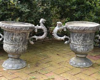 Pair of 18th Century English Lead Urns. Height 21 1/2" Width At Handles 24"  Diameter of Urn 14"
