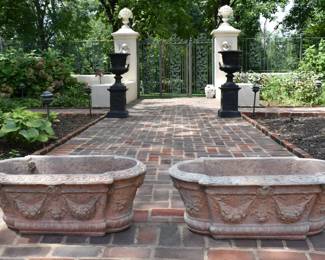 Pair of Cast Stone Classical Style Planters, Height 12" Width 32" Depth 16 1/4"