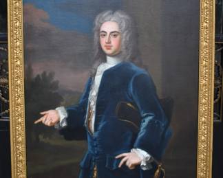 18th Century Portrait Of A Gentleman In Blue Jacket Holding Tricorn Hat, Oil On Canvas, Sight 49" x 39" Frame 56 x 45 1/2"