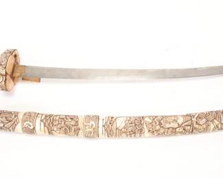 Antique Japanese Carved Bone katana-Wakazashi Sword