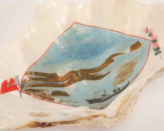 1886 Hand Painted Seashell with painting of U.S. War ship