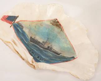 1886 Hand painted seashell with war ship. 