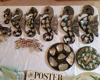 Mid-Century Lucite and Abalone seahorses and trivets.  Large Sterling Silver bird brooch.