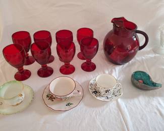 Depression glass Ruby Goblets and large Pitcher.  More cups and saucers.  Sweet little vintage candy dish by Murano.