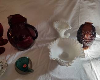 Milk Glass Pieces, Glass Owl Bank.