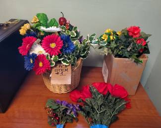 Silk flowers and foliage.