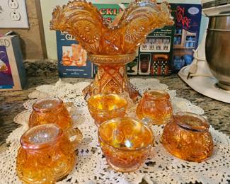 Carnival glass punch bowl and set of 6 glasses