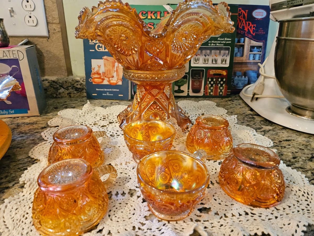 Carnival glass punch bowl and set of 6 glasses