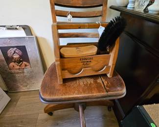 Vintage teak office chair and  shoe shining set.