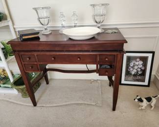 great desk, iron dog doorstop, crystal vases