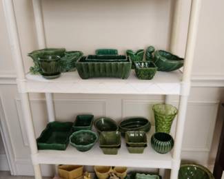 vintage green pottery planters, glasses