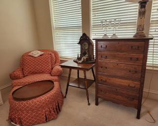 chair and ottoman, antique square table, antique oak dresser, antique clock for parts