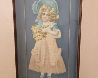 Framed paper mache doll, Victorian girl.