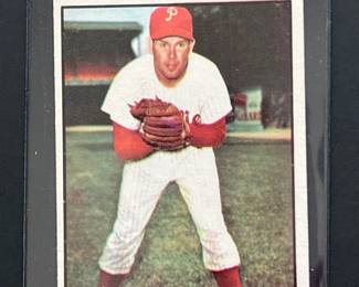 1961 Topps #20: Robin Roberts. Elected to the Hall of Fame in 1976. He was a member of the Philadelphia Phillies “Whiz Kids” during the 1950s helping them to the 1950 World Series Championship. Played most of his 19-year career with the Phils (1948-1961) and the Orioles (1962-1965), He was a brilliant ace, excellent fielder and above-average hitter for a pitcher. Robin Roberts was the first number retired by the Phillies organization.