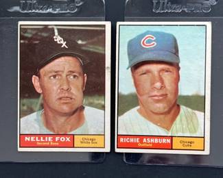 1961 Topps #30: Nellie Fox and #88: Richie Ashburn. Fox was elected the Hall of Fame in 1997 and Ashburn in 1995. Fox was named 1959 AL MVP, posting a .306 average, 191 hits and 70 RBI and helped the White Sox to the AL pennant. Ashburn had more hits than any other player in the 1950s and was a member of the Phillies 1950 National League Champion “Whiz Kids.”