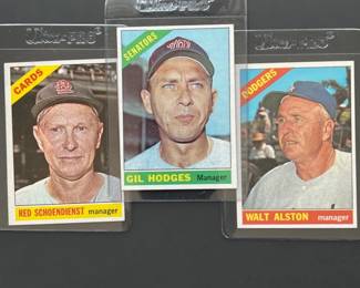 1966 Topps #78: Red Schoendienst, #116: Walt Alston and #386: Gil Hodges. Schoendienst, long time Cardinals player and manager was elected to the HOF in 1989, Alston the great Dodgers manager in 1983 and Hodges, the Dodger first baseman, and manager of the 1969 Miracle Mets, was elected in 2022.