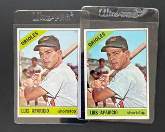 1966 Topps #90: Luis Aparicio x 2. Elected to the HOF in 1984 playing shortstop for the White Sox, Orioles and Red Sox he was the 1956 AL Rookie of the Year, 13-time All-Star, 9-time Gold Glove Award winner, 9-tme Stolen Base Leader and 1966 WS Champion