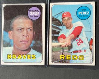 1969 Topps #385 Orlando Cepeda and #285: Tony Perez. Both of these Puerto Rican power hitters were elected to the HOF, Cepeda in 1999 and Perez the following year in 2000.