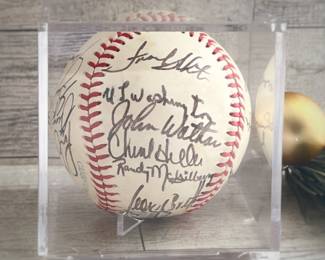 1970’s Kansas City Royals Signed Baseball: 19 signatures on a Rawlings Official American League, Lee MacPhail, Baseball. Signatures include Hall of Famers Whitey Herzog on the sweet spot and George Brett, as well as Clint Hurdle, John Mayberry, Al Cowens, and Al Hrabosky – “The Mad Hungarian.”
