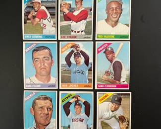 1966 Topps Baseball Trading Cards - Lot of Nine Player Cards includes: Chico Cardenas, Lee Stange, Fred Valentine, Hank Fischer, Bob Locker, Donn Clendenon, Jack Sanford, Turk Farrell, Dick Traceweski.