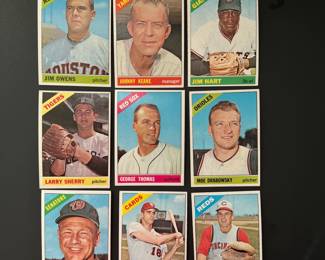1966 Topps Baseball Trading Cards - Lot of Nine Player Cards Includes: Larry Sherry, George Thomas, Moe Drabowsky, Jim Coker, Mike Shannon, Steve Ridzik, Jim Hart, Johnny Keane (Mgr), Jim Owens