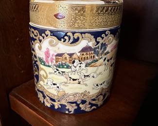 W42 - $30. 6" tall jar with lid. Dogs and hunting scene. 
