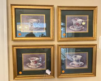 W34 - $10 each. Framed Tea Cup Prints. Measure 12.5" x 10.5"