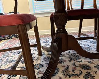 W7 - $1750. Hickory Dining Table. Excellent Condition. Measures 36" wide x 76" long x 28.5" tall. Includes one 20" leaf. 8 chairs (2 captains - 6 regular. Double Pedestal Base with gold tone "feet"