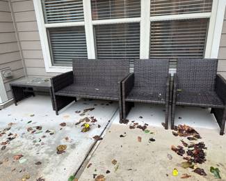 W118 - $100 set. Patio Furniture (does have cushions) 2 chairs, loveseat, table. Sturdy but does have some small holes in the weaving. $150 set. Patio Furniture (does have cushions) 2 chairs, loveseat, table. Sturdy but does have some small holes in the weaving. 