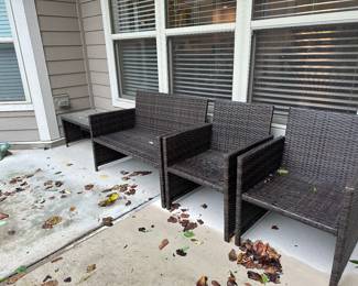 W118 - $100 set. Patio Furniture (does have cushions) 2 chairs, loveseat, table. Sturdy but does have some small holes in the weaving. 