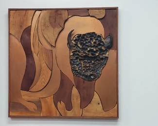 No. 30) mid-century wood ceramic and copper art by listed Florida artist Harold Nosti - 30" x 30" - $450 (Take 50% off)