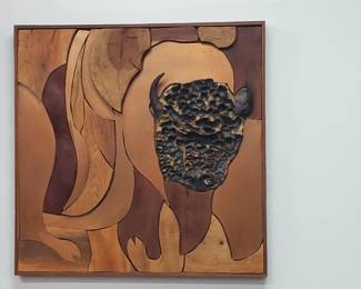 No. 30) mid-century wood ceramic and copper art by listed Florida artist Harold Nosti - 30" x 30" - $450 (Take 50% off)