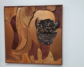 No. 30) mid-century wood ceramic and copper art by listed Florida artist Harold Nosti - 30" x 30" - $450 (Take 50% off)