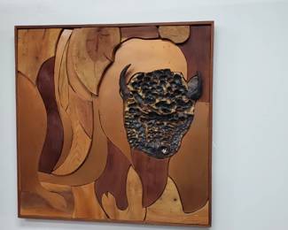 No. 30) mid-century wood ceramic and copper art by listed Florida artist Harold Nosti - 30" x 30" - $450 (Take 50% off)