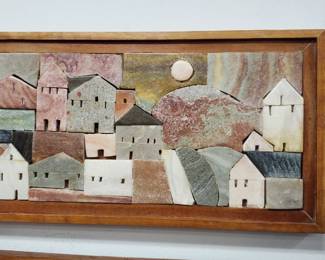 No. 35) mid-century Mosaic alabaster/marble stone art Town scene by listed Florida artist Harold Nosti - 9 1/2" x 22" - $300 (Take 50% off)