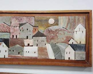 No. 35) mid-century Mosaic alabaster/marble stone art Town scene by listed Florida artist Harold Nosti - 9 1/2" x 22" - $300 (Take 50% off)