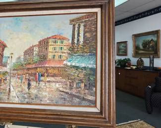 No. 40) Oil painting on canvas Paris street scene signed by artist - 20" x 24" - $325 (Take 50% off)