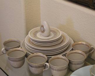 More rare Sasha Brastoff dishes - teacups, salad, dessert and dinner plates, and rather rare and impossible to get elsewhere shaker - Gold Coin design - rare!