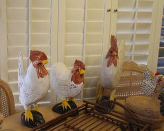 Three Hands Corp. Co. hand carved wooden rooster, hen and chicken