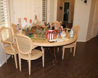 Rush seat dining chairs, rustic iron base kitchen table will be available for sale at a steal!