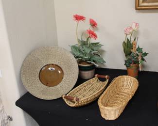Artificial flowers, signed pottery, hand crafted basket
