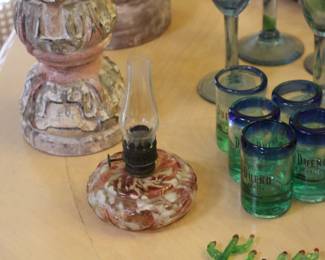 Splatter vintage cranberry glass lantern oil lamp