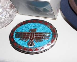 Native American turquoise and coral inlaid belt buckle