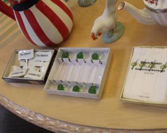Glass olive sticks, cheese tags, cocktail napkins - all brand new!